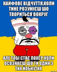 Кайфове відчуття,коли тине розумієш шо твориться вокруг але тобі стає похєр,коли осознаєш шо ти один з тих йобнутих