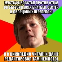 Мустафа восстал против отца! он бы убил всех братьев, сестер и дворцовых перепелок! Я в Википедии читал! И даже редактировал там немного!