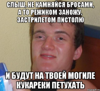 Слыш, не камняйся бросами, а то режиком заножу, застрилетом пистолю и будут на твоей могиле кукареки петухать