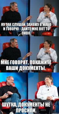 Ну так слушай, захожу в Жабо и говорю - дайте мне вот то пиво. Мне говорят, покажите ваши документы. Шутка, документы не просили.