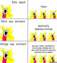 Укры Выгнать финно-угров Да шо с небес свалился.У нас вааще армии нет а у них просто крутая.Они нас завалят.Пусть живут