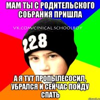 Мам ты с родительского собрания пришла а я тут пропылесосил, убрался и сейчас пойду спать