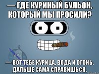 — Где куриный бульон, который мы просили? — Вот тебе курица, вода и огонь. Дальше сама справишься.