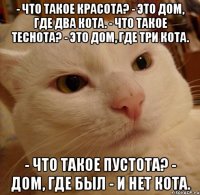 - что такое красота? - это дом, где два кота. - что такое теснота? - это дом, где три кота. - что такое пустота? - дом, где был - и нет кота.