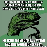 Пресс это мышцы на животе.А чтобы росли мышцы нужно много белка ,а значит много еды. Но если ты много ешь у тебя будешь большой живот.