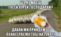 ШО,НЕ МАЄШ ГУСЕЙ,КУРЕЙ,ГОСПОДАРКИ? ДАВАЙ МИ ПРИЙДЕМО І ПОНАСЕРАЄМО ТОБІ НА ГУНО!?