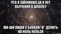 Что я запомнил за 9 лет обучения в школе? Жи-Ши пиши с буквой "И" Делить на ноль нельзя