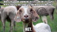 милый давай займемся сексом,уже поздно и я устал ты же знаешь как игры утомляют. нет.