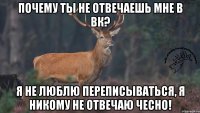 Почему ты не отвечаешь мне в вк? Я не люблю переписываться, Я никому не отвечаю ЧЕСНО!