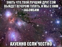 Знать что твой лучший друг сэм выйдет вечером гулять, и мы с ним забомбим Ахуенно если честно