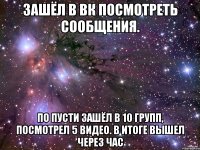 Зашёл в вк посмотреть сообщения. По пусти зашёл в 10 групп, посмотрел 5 видео. В итоге вышел через час