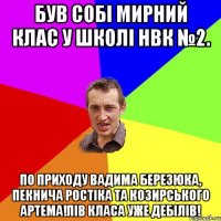 Був собі мирний клас у школі НВК №2. По приходу Вадима Березюка, Пекнича Ростіка та Козирського Артема!Пів класа уже дебілів!