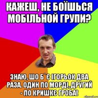 Кажеш, не боїшься мобільной групи? Знаю, шо б`є Ігорьок два раза. Один по морді, другий - по кришкє гроба!