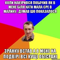 коли накурився побачив як в мене біля хати мала сре в малину , думав шо показалося зранку встав а в мене на подвірі всі кущі обісрані