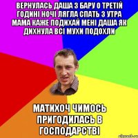 вернулась даша з бару о третій годині ночі лягла спать з утра мама каже подихай мені даша як дихнула всі мухи подохли матихоч чимось пригодилась в господарстві