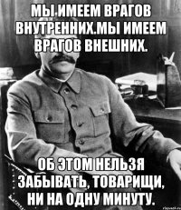 Мы имеем врагов внутренних.Мы имеем врагов внешних. Об этом нельзя забывать, товарищи, ни на одну минуту.