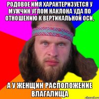 Родовое имя характеризуется у мужчин углом наклона уда по отношению к вертикальной оси, а у женщин расположение влагалища