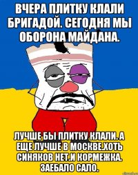 Вчера плитку клали бригадой. Сегодня мы оборона майдана. Лучше бы плитку клали. А еще лучше в Москве.хоть синяков нет.и кормежка. Заебало сало.