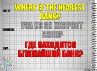 Where is the nearest bank? уэа из зэ ниэрэст бэнк? Где находится ближайший банк?