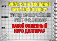 What is the exchange rate for dollars? уот из зэ иксчейндж рэйт фо: дола:з? Какой обменный курс доллара?