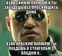 взяв синюю пилюлю и ты забудешь всё проснувшись дома взяв красную пилюлю ты поедешь в стокгольм с владом и...