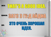 That's a good idea. затс э гу:д айдиа Это очень хорошая идея.