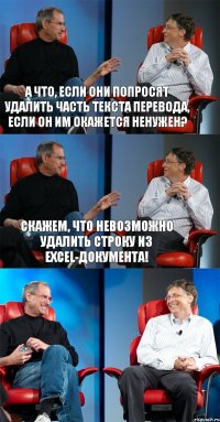 А что, если они попросят удалить часть текста перевода, если он им окажется ненужен? Скажем, что невозможно удалить строку из Excel-документа! 