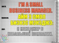 I'm a small business manager. айм э смол бизнэс мэнэджэ: Я менеджер в небольшой компании.