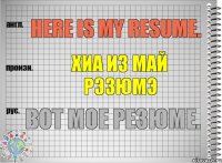 Here is my resume. хиа из май рэзюмэ Вот мое резюме.