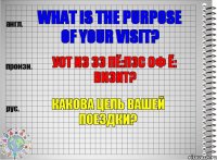 What is the purpose of your visit? уот из зэ пё:пэс оф ё: визит? Какова цель Вашей поездки?