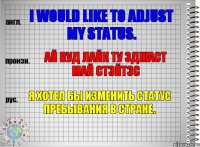 I would like to adjust my status. ай вуд лайк ту эджаст май стэйтэс Я хотел бы изменить статус пребывания в стране.