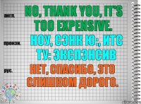 No, thank you, it's too expensive. ноу, сэнк ю:, итс ту: экспэнсив Нет, спасибо, это слишком дорого.