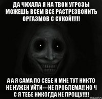 Да чихала я на твои угрозы Можешь всем все растрезвонить Оргазмов с сукой!!!!! А а я сама по себе И мне тут никто не нужен Уйти---не проблема!! Но Ч С я тебе никогда не прощу!!!!