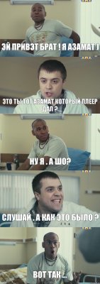 Эй привэт брат ! Я Азамат ) Это ты тот Азамат который плеер дал ? Ну я . А шо? Слушай . А как это было ? Вот так ...