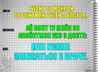 I want to make an appointment with a doctor. ай вонт ту мэйк эн апойнтмэн уиз э доктэ: Мне нужно записаться к врачу.