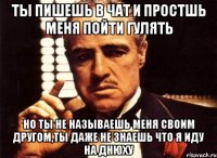 Ты пишешь в чат и простшь меня пойти гулять Но ты не называешь меня своим другом,ты даже не знаешь что я иду на днюху