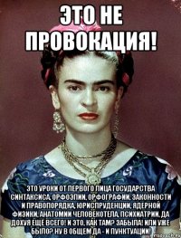 Это не провокация! Это уроки от первого лица государства синтаксиса, орфоэпии, орфографии, законности и правопорядка, юриспруденции, ядерной физики, анатомии человекотела, психиатрии, да дохуя ещё всего! И это, как там? Забыла! Или уже было? Ну в общем да - и пунктуации!
