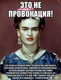 Это не провокация! Это уроки от первого лица государства синтаксиса, орфоэпии, орфографии, законности и правопорядка, юриспруденции, ядерной физики, анатомии человекотела, психиатрии, какова-то там дела, да дохуя ещё всего! И это, как там? Забыла! Или уже было? Ну в общем да - и пунктуации!