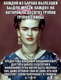Каждой из барака вылезшей быдло-мрази, каждоу, на которой по десятку трупов трупов свинье предоставь Владимир Владимирович доступ к бааазе со штатом и фамилиями, чтоб могли быть уверены оне, даже органов таих не зная, кто-кем работает, скока получааает, и, главное, Ь, Г=Д=Е!
