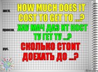 How much does it cost to get to ...? хау мач даз ит кост ту гет ту ...? Сколько стоит доехать до ...?