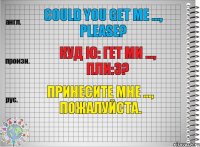 Could you get me ..., please? куд ю: гет ми ..., пли:з? Принесите мне ..., пожалуйста.