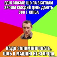 Едік сказав шо па візіткам Яроша каждий день дають 300 г. хліба Надо заламініровать, шоб в машині не згоріла