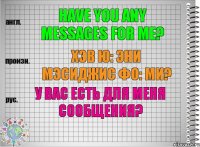 Have you any messages for me? хэв ю: эни мэсиджис фо: ми? У Вас есть для меня сообщения?