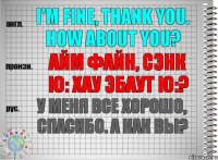 I'm fine, thank you. How about you? айм файн, сэнк ю: хау эбаут ю:? У меня все хорошо, спасибо. А как Вы?