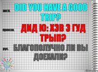 Did you have a good trip? дид ю: хэв э гуд трып? Благополучно ли Вы доехали?