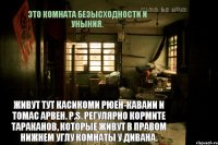 Это комната безысходности и уныния. Живут тут Касикоми Рюен-Каваии и Томас Арвен. P.S. Регулярно кормите тараканов, которые живут в правом нижнем углу комнаты у дивана.