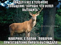 Увидел у нее в телефоне сообщение:"Хорошо, что успел вытащить" Наверное, с папой - поваром, приготовление пирога обсуждала