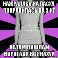 нажралась на пасху, поправилась на 3 кг патом пишла и виригала все нахуй