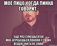 Моё лицо,когда Линка говорит : еще раз сунешься ко мне-огребешься,поняла ? твоих вещей знать не знаю