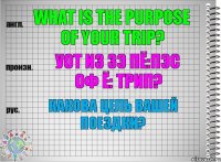 What is the purpose of your trip? уот из зэ пё:пэс оф ё: трип? Какова цель Вашей поездки?